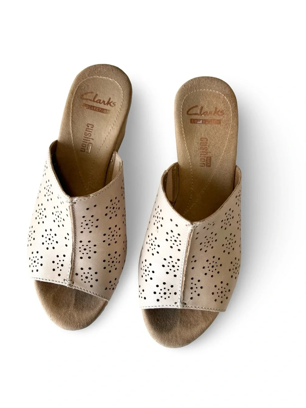 Clarks tan leather laser cut slip on cork wedges Size 6 Neutral Peep toe Summer